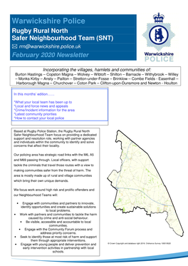 Warwickshire Police Rugby Rural North Safer Neighbourhood Team (SNT)  Rrn@Warwickshire.Police.Uk February 2020 Newsletter