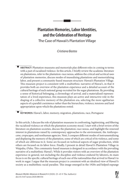 Nnn Plantation Memories, Labor Identities, and the Celebration of Heritage the Case of Hawaii’S Plantation Village