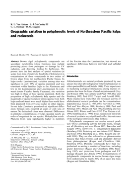 Geographic Variation in Polyphenolic Levels of Northeastern Paci®C Kelps and Rockweeds