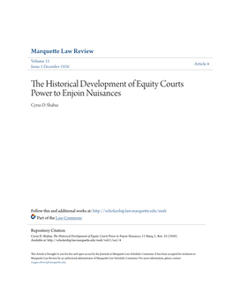 The Historical Development of Equity Courts Power to Enjoin Nuisances, 11 Marq