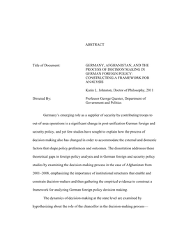 Germany, Afghanistan, and the Process of Decision Making in German Foreign Policy: Constructing a Framework for Analysis