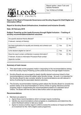 Powering up the Leeds Economy Through Digital Inclusion – Tracking of Scrutiny Recommendations/Desired Outcomes