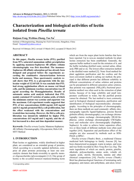 Characterization and Biological Activities of Lectin Isolated from Pinellia Ternata