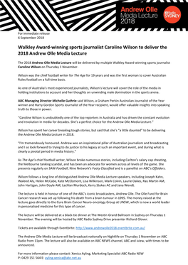 Walkley Award-Winning Sports Journalist Caroline Wilson to Deliver the 2018 Andrew Olle Media Lecture