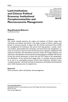 Land Institutions and Chinese Political Economy