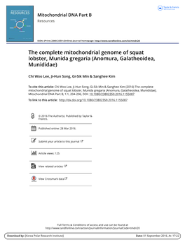 The Complete Mitochondrial Genome of Squat Lobster, Munida Gregaria (Anomura, Galatheoidea, Munididae)