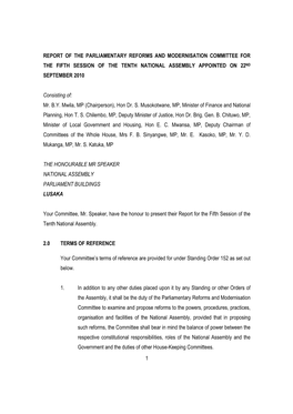 Report of the Parliamentary Reforms and Modernisation Committee for the Fifth Session of the Tenth National Assembly Appointed on 22Nd September 2010