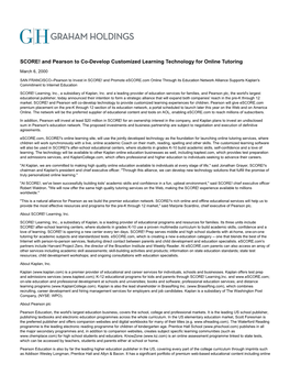 SCORE! and Pearson to Co-Develop Customized Learning Technology for Online Tutoring