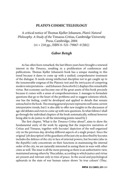 PLATO's COSMIC TELEOLOGY Gábor Betegh