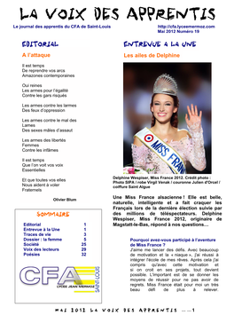 La Voix Des Apprentis Le Journal Des Apprentis Du CFA De Saint-Louis Mai 2012 Numéro 19 Editorial Entrevue a La Une