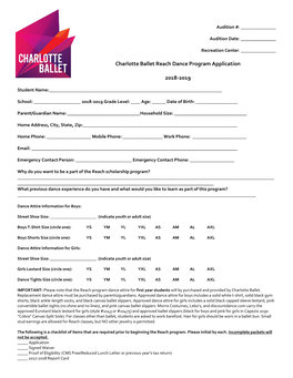 Charlotte Ballet Reach Dance Program Application 2018-2019