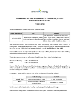 Tender for Res Last Miles Phase 1 Project at Kanowit, Sibu, Sarawak (Tender Ref No