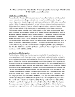 The Status and Occurrence of Ash-Throated Flycatcher (Myiarchus Cinerascens) in British Columbia. by Rick Toochin and Jamie Fenneman