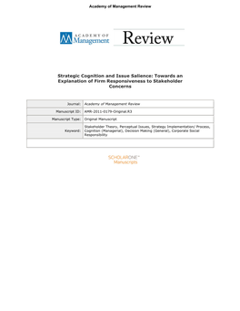 Strategic Cognition and Issue Salience: Towards an Explanation of Firm Responsiveness to Stakeholder Concerns