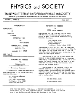 PHYSICS and SOCIETY the NEWSLETTER of the FORUM on PHYSICS and SOCIETY Publl8hed by the American Physical Society