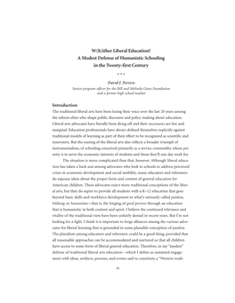 W(H)Ither Liberal Education? a Modest Defense of Humanistic Schooling in the Twenty-First Century ••• David J