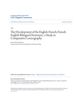 A Study in Comparative Lexicography. James David Anderson Louisiana State University and Agricultural & Mechanical College