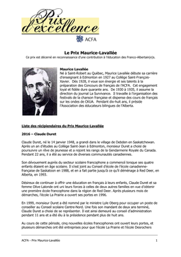 Le Prix Maurice-Lavallée Ce Prix Est Décerné En Reconnaissance D’Une Contribution À L’Éducation Des Franco-Albertain(E)S