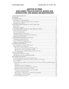Justice at Risk: War Crimes Trials in Croatia, Bosnia and Herzegovina, and Serbia and Montenegro