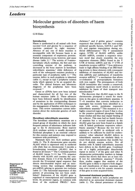 Leaders Molecular Genetics of Disorders of Haem Biosynthesis