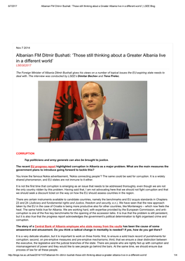 Albanian FM Ditmir Bushati: ‘Those Still Thinking About a Greater Albania Live in a Different World’ | LSEE Blog
