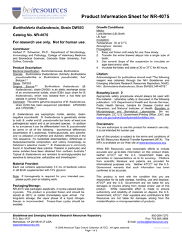 Burkholderia Thailandensis, Strain DW503 Growth Conditions: Media: Catalog No