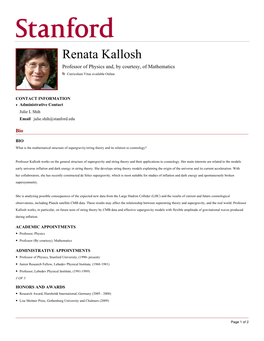 Renata Kallosh Professor of Physics And, by Courtesy, of Mathematics Curriculum Vitae Available Online