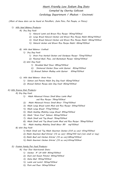 Heart Friendly Low Sodium Dog Diets Compiled by Charity Callicoat Cardiology Department / Medvet - Cincinnati