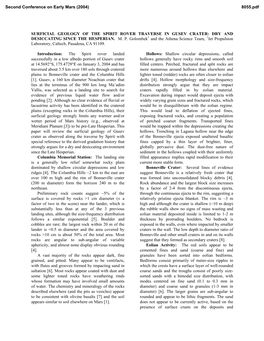 SURFICIAL GEOLOGY of the SPIRIT ROVER TRAVERSE in GUSEV CRATER: DRY and DESICCATING SINCE the HESPERIAN. M. P. Golombek1 And