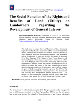 The Social Function of the Rights and Benefits of Land (Utility) on Landowners Regarding the Development of General Interest