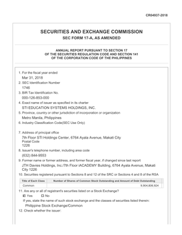 Securities and Exchange Commission Sec Form 17-A, As Amended