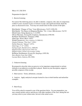 Composer, Title, Date of Composition (Within 5 Years), Location in Piece of Chosen Excerpt, and Significant Details About the Piece As Discussed in Class