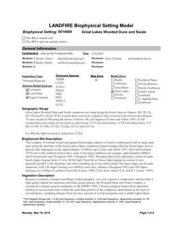 LANDFIRE Biophysical Setting Model Biophysical Setting: 5014660 Great Lakes Wooded Dune and Swale