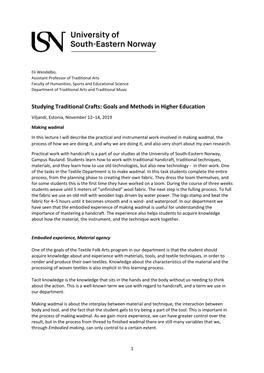 Studying Traditional Crafts: Goals and Methods in Higher Education