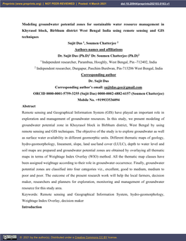 Modeling Groundwater Potential Zones for Sustainable Water Resource