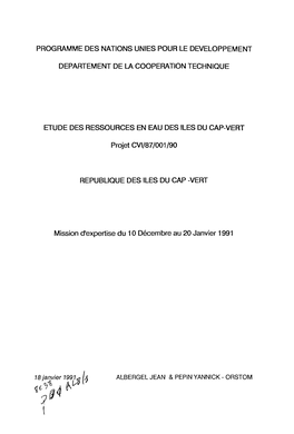 Etude Des Ressources En Eau Des Îles Du CAP-VERT, Rapport D'expertise Du 17/07/1990 Au 7/08/1990