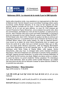 Nationaux 2016 : Le Résumé De La Ronde 5 Par Le GMI Apicella Bauer