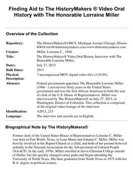 Finding Aid to the Historymakers ® Video Oral History with the Honorable Lorraine Miller