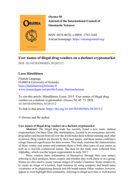 User Names of Illegal Drug Vendors on a Darknet Cryptomarket DOI: 10.34158/ONOMA.50/2015/2