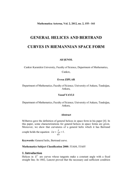 General Helices and Bertrand Curves in Riemannian Space Form 157