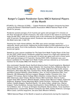 Rutger's Cappie Pondexter Earns WBCA National Players of the Month 2005-06 020806