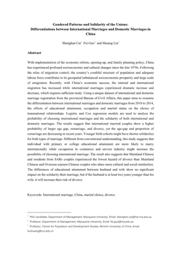 Gendered Patterns and Solidarity of the Unions: Differentiations Between International Marriages and Domestic Marriages in China