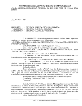 Assembléia Legislativa Do Estado De Mato Grosso Ata Da Vigésima Sexta Sessão Ordinária Do Dia 28 De Abril De 1998, Às 20:00 Horas