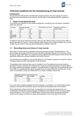 Technical Conditions for the Manufacturing of Vinyl Records