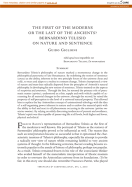 Bernardino Telesio on Nature and Sentience Guido Giglioni