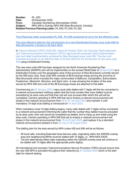 NPA 428 to Overlay NPA 506 (New Brunswick, Canada) Related Previous Planning Letter: PL-549, PL-539, PL-522 ______