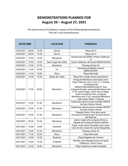 DEMONSTRATIONS PLANNED for August 20 – August 27, 2021