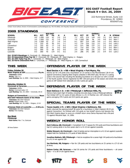 2009 Standings Offensive Player of the WEEK Defensive Player