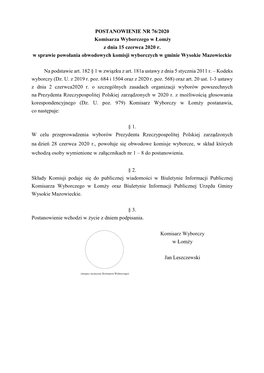 POSTANOWIENIE NR 76/2020 Komisarza Wyborczego W Łomży Z Dnia 15 Czerwca 2020 R