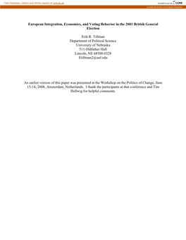 European Integration, Economics, and Voting Behavior in the 2001 British General Election